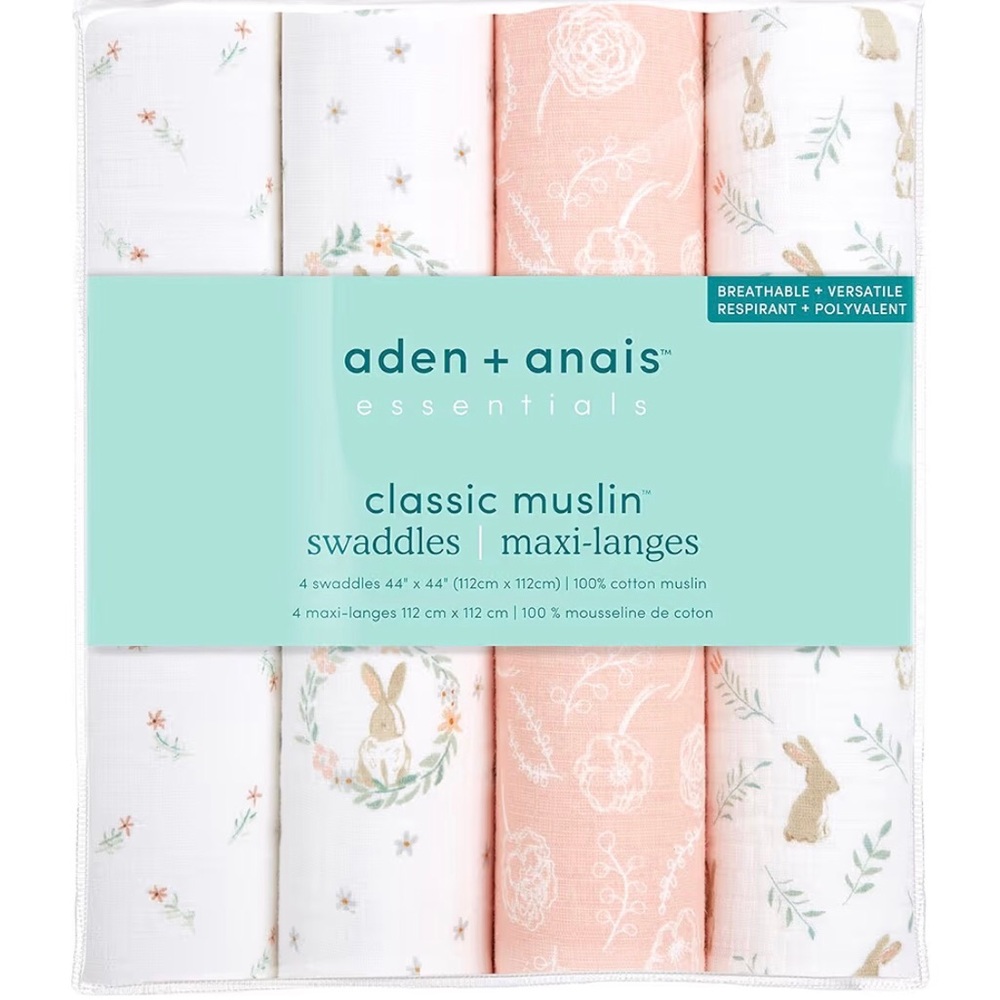 Aden + Anais Muslin Swaddle Blankets, Set of 4, 100% Cotton, Pastel Bunnies